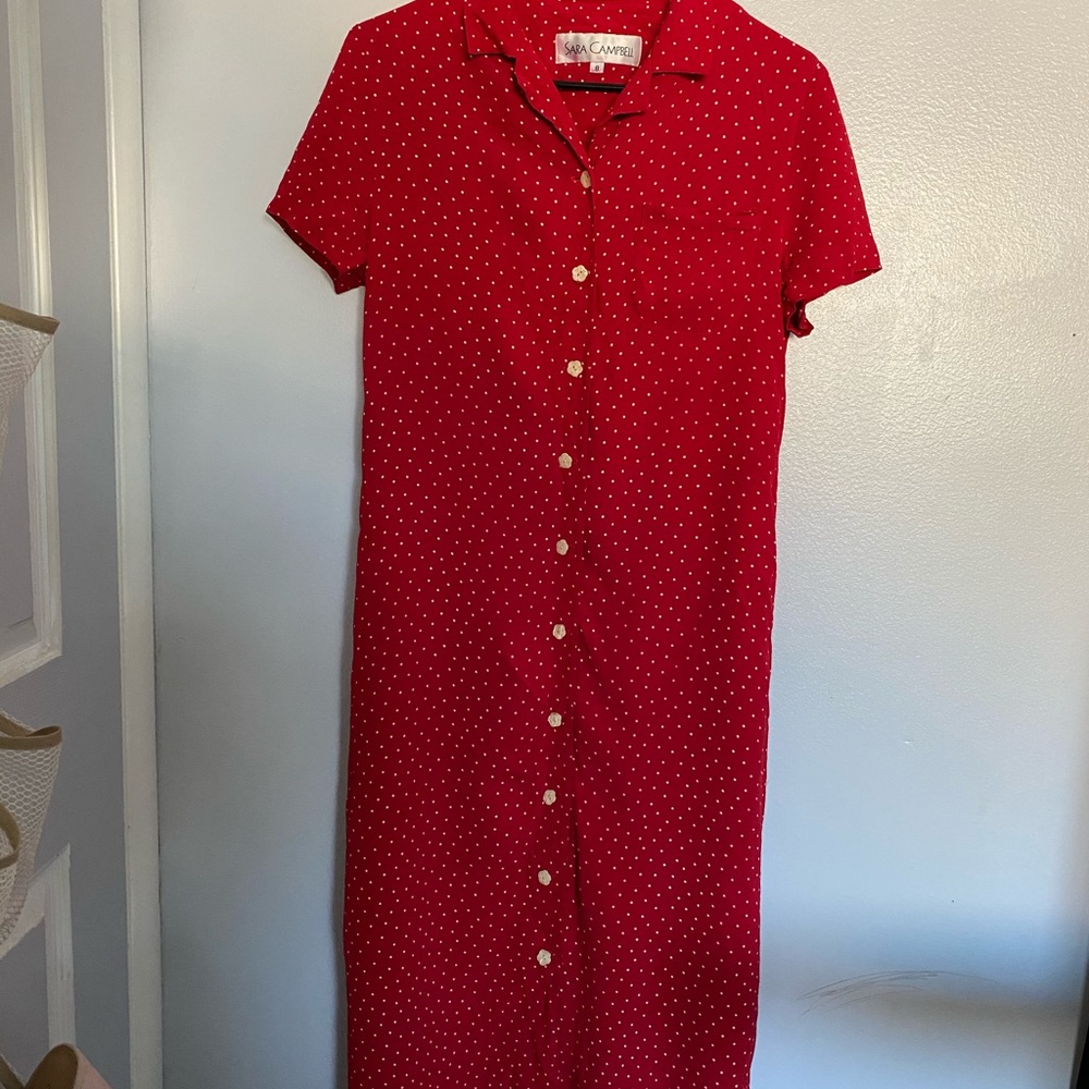 Classic long red and white polka dot dress